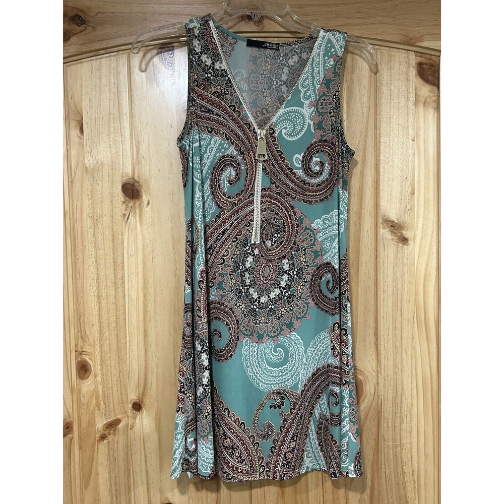Ariella Sleeveless Tunic Paisley Print Multi Color V Neck Zipper Accent Flowy S